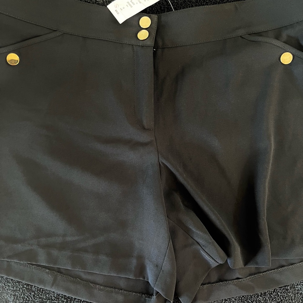 Cache Black Dress short Shorts with gold accent buttons